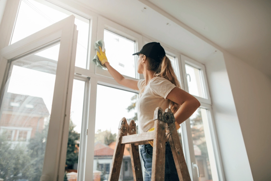 woman standing on a ladder cleaning windows at home